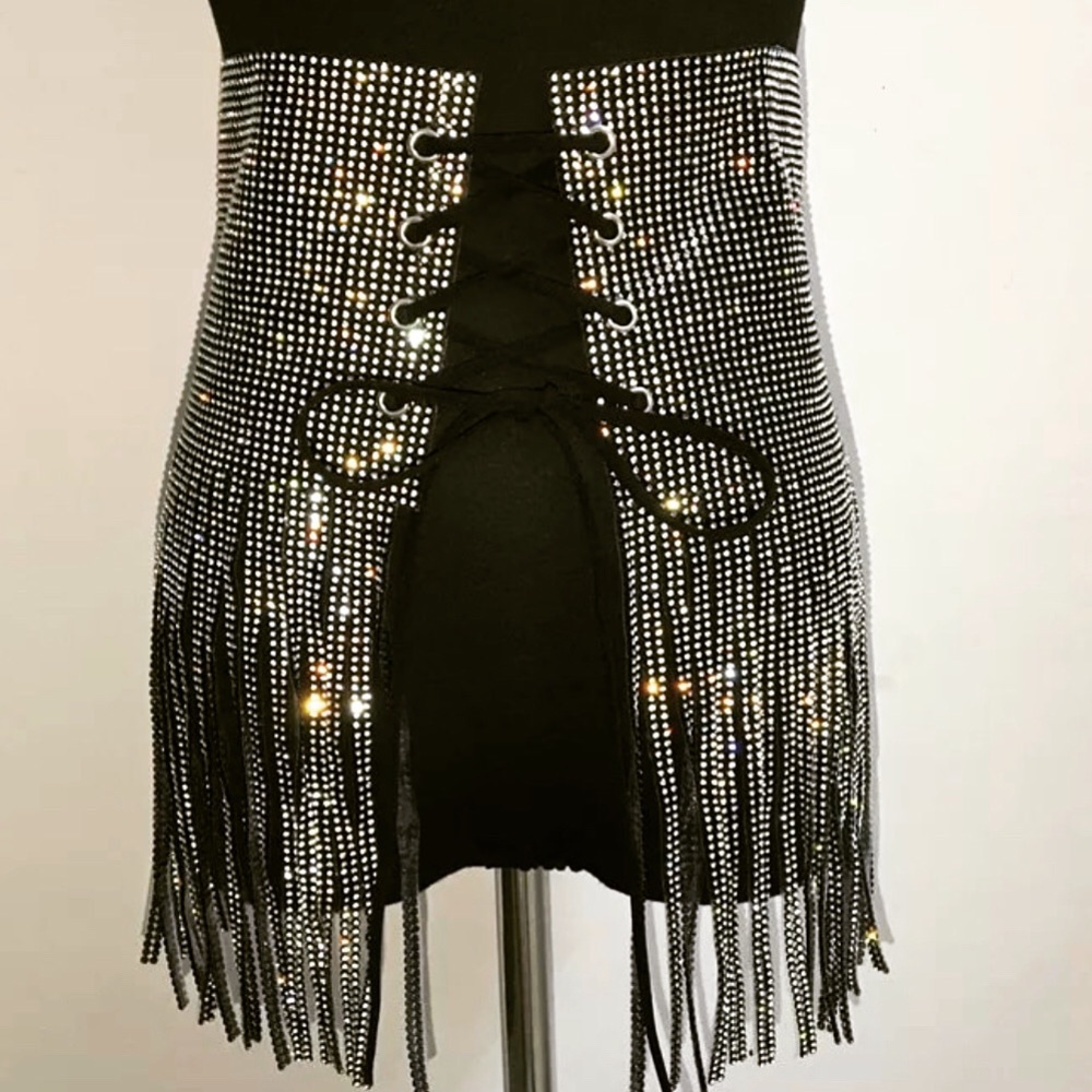 Black Rhinestone Fringe Corset Belt